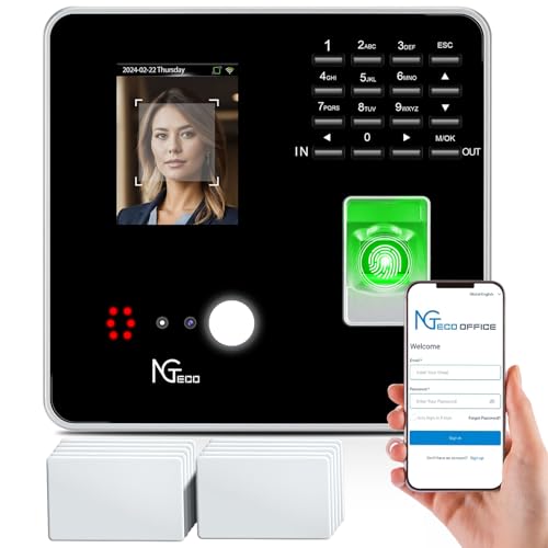 NGTeco Cloud Time Clock for Small Business, Real Remote Access, 4-in-1 Mode | Employee Time Clock with Face, Fingerprint, RFID, PIN Check-in, Software & App, Customizable Shift, 10 Cards, No Monthly Fee - color: Black Silver