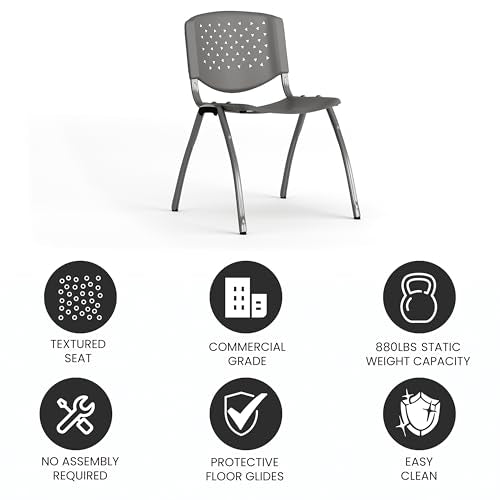 EMMA + OLIVER Home and Office Gray Plastic Stack Chair with Perforated Back | Powder Coated, 880 LBS. Weight Capacity - color: Grey
