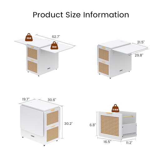 62.7" Folding Desk with 4 Drawer File Cabinet, Space-Saving Desk | Mobile Foldable Workstation for 2 Person, for Renters, Studio Dwellers, Built-in Power Outlets, Flip-top Hidden Storage