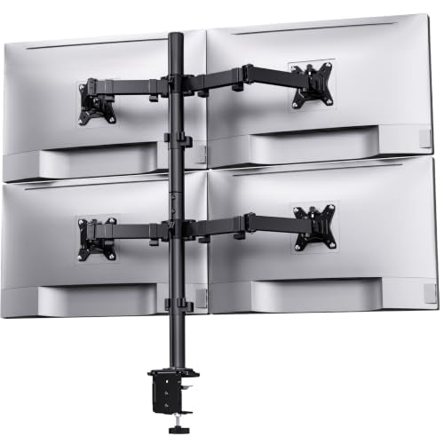 HUANUO Quad Monitor Mount for 13-32 Inch Screens, 4 Monitor Stand with Larger Base, Holds 22 lbs per Arm, Fully Adjustable Stacked Mount, Tilt Swivel Rotation, VESA 75x75/100x100mm, Cable Management