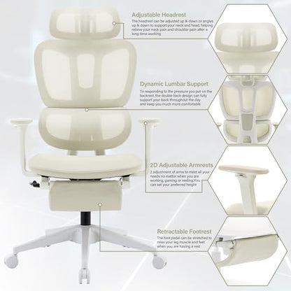 Ergonomic Mesh Office Chair with Retractable Footrest - High Back Computer Chair, Lumbar Support, Adjustable Armrest and Headrest, Durable Base - Multifunctional Home Office Desk Chair for Adults - color: Cream