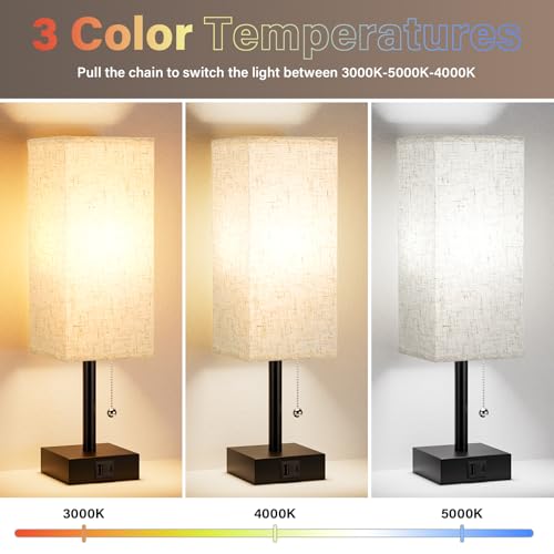 Bedside Lamps for Bedroom Set of 2 - Small Rectangular Nightstand Lamp with USB A C Charging Port, 3 Color Temperatures Desk Light with Bulb, Tabletop Reading Lamp for Living Room/Dorm/Office | USB A+C Ports, 3 Color Temperatures, LED Bulb Included, Pull