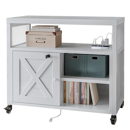 FUSUNBAO Farmhouse Printer Stand with Storage, Rolling Printer Cabinet with Shelves, Charge Station, Wheels, and File Cabinet for Home Office Storage (White) - color: White