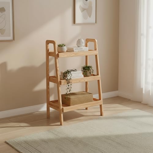 Oak Ladder Bookshelf, 3 Tier Display Shelf for Living Room, Natural Wood | Natural oak finish with visible wood grain, offering spacious display space for books, plants and decor in modern homes. - color: Natural Color, size: 3 Tier (13.4" L x 25.6" W x 3