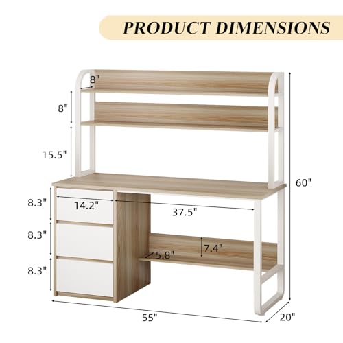 MaverickFurni 55 Inch Computer Desk with Hutch and 3 Drawers, Natural Oak - color: Natural Oak, size: 55"W