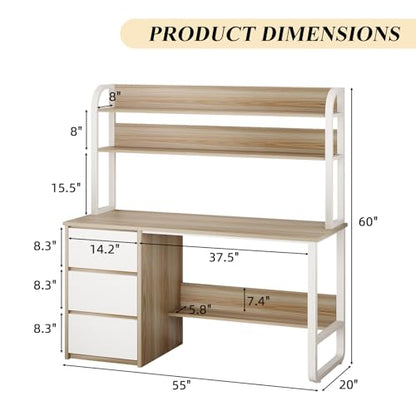 MaverickFurni 55 Inch Computer Desk with Hutch and 3 Drawers, Natural Oak - color: Natural Oak, size: 55"W