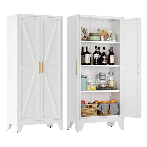 LCAOPC 61" Tall Metal Storage Cabinet with 2 Doors and 3 Adjustable Shelves, 4-Tier Kitchen Pantry Storage Cabinet for Kitchen, Living Room, Dining Room and Office, White - color: White, size: 61"H-2 Doors