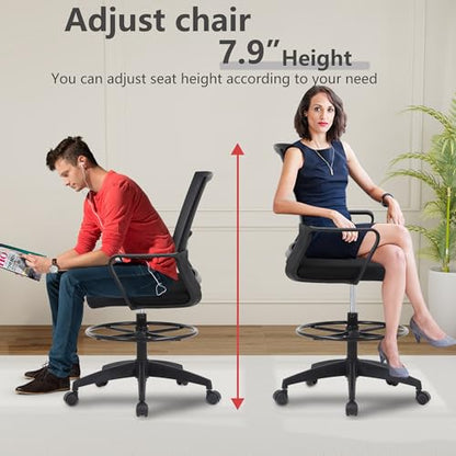 BestOffice | Tall Drafting Chair | Black | with Lumbar Support | Adjustable Seat Height & Footrest | Ergonomic Mesh Back, 360 Swivel & Rolling Wheels | For Home, Office, Workspaces - color: Black