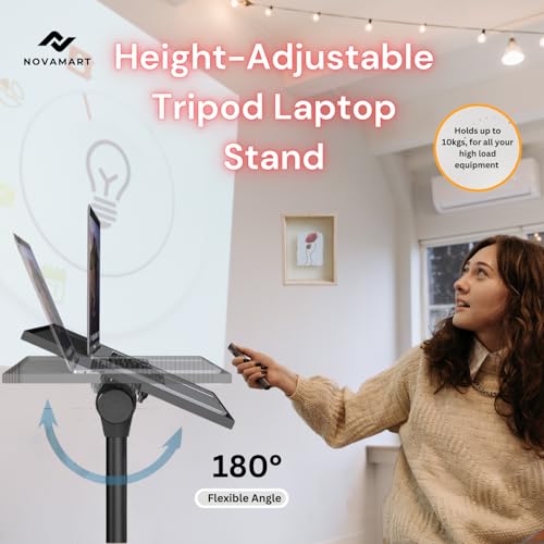 Laptop Tripod Stand – Adjustable Laptop Holder with Phone Mount | Heavy- Duty Alloy Tripod Stand with Tray | Height Adjustable 0.65–1.6m | Portable, Foldable, 15kg Load Capacity | Black