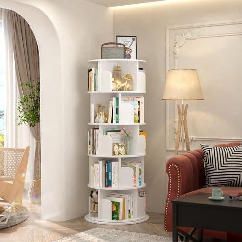 Aheaplus 5 Tier Wood Rotating Bookshelf, 360° Spinning Book Shelf Tower - color: White, size: 5-Tier