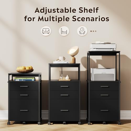 DEVAISE 3 Drawer Vertical File Cabinet | Rolling Wooden Filing Cabinet Mobile Printer Stand for Home Office, 15.7" D x 17.7" W x 40.3" H - color: Black, size: 15.7"D X 17.7"W X 40.3"H (Adjustable)