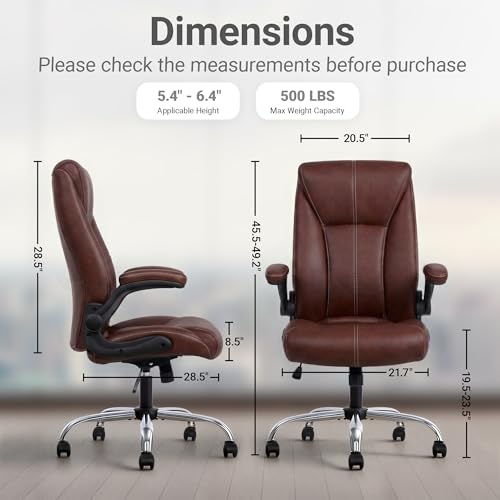 Big and Tall Office Chair for Heavy People, 400LBS High Back Extra Wide Executive PU Leather Office Chair with Flip-Up Armrests, Smooth Caster Wheels, Comfortable Home Office Desk Chair (Brown) - color: Brown - Rubber Wheels