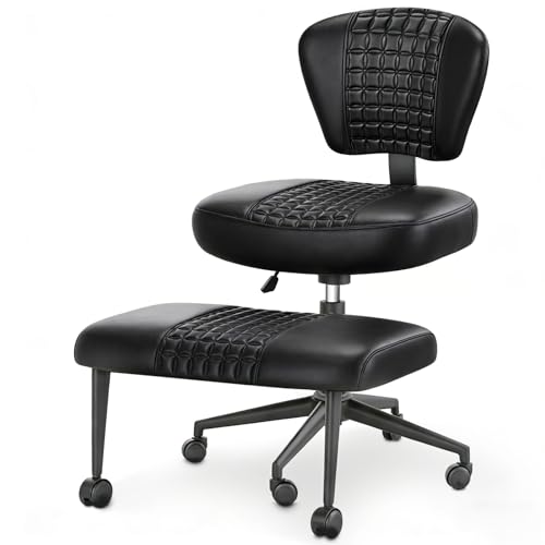 Ergonomic Cross Legged Office Chair with Footrest, 360° Swivel Height Adjustable PU Criss Cross Chair, Wide Seat & Back Support for Home Office, ADHD, Black - color: Black
