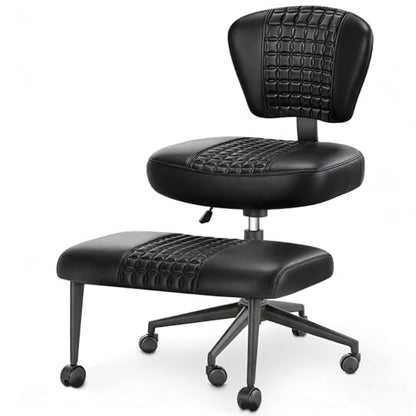 Ergonomic Cross Legged Office Chair with Footrest, 360° Swivel Height Adjustable PU Criss Cross Chair, Wide Seat & Back Support for Home Office, ADHD, Black - color: Black