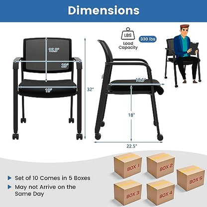 Tangkula Rolling Conference Room Chairs Set of 10, Stackable Office Guest Mesh Chairs with Armrests and Wheels, Ideal for Waiting Room Office, School, Lobby (Black) - color: Black, size: Set of 10