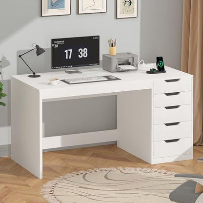47 Inch Computer Desk with 5 Drawers and Power Outlets for Small Spaces - color: White, size: 47inch-5drawers
