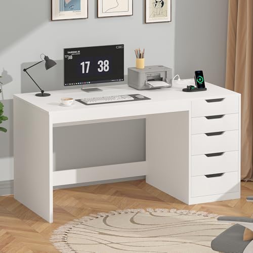 47 Inch Computer Desk with 5 Drawers and Power Outlets for Small Spaces - color: White, size: 47inch-5drawers