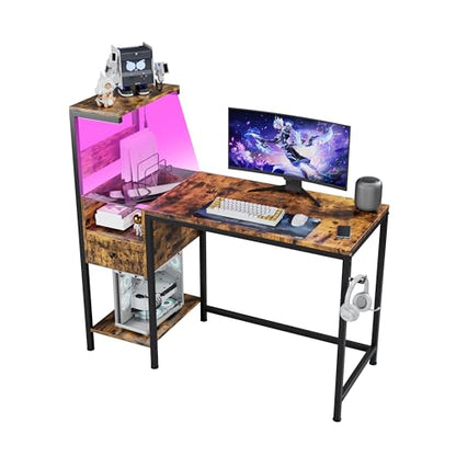 Computer Desk with Power Outlet and USB Charging Station, Space-Saving Study Writing Table with Storage Shelves, PC Laptop Workstation for Home Office Bedroom (Brown) - color: Brown