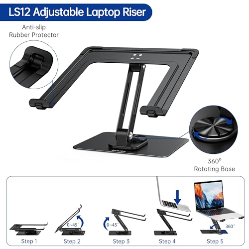 BESIGN LS12 Laptop Stand with 360° Rotating Base, Ergonomic Adjustable Notebook Holder, Computer Riser Stand Compatible with Air, Pro, Dell, HP, Lenovo More 10-14" Laptops (Black)