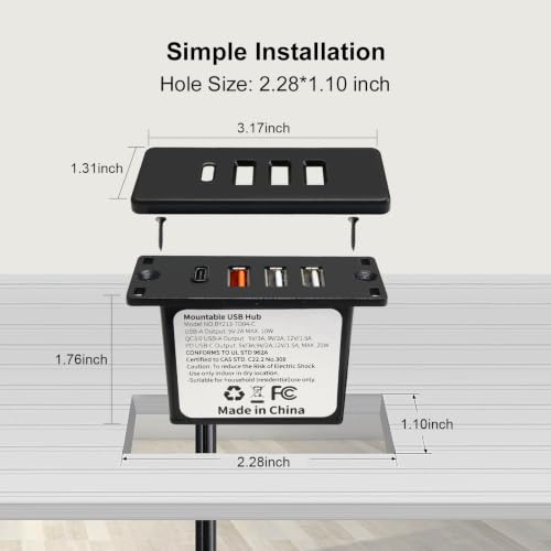 Powered USB C Hub Socket Recessed USB C Power Strip Outlet with Fast Charge 4 USB Ports 20W Mounted into Bed Desk Table Sofa (Black) - color: Black