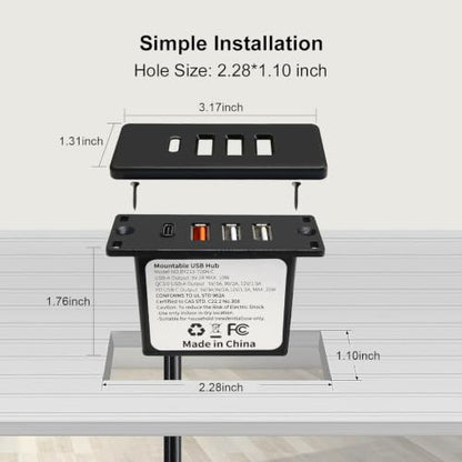 Powered USB C Hub Socket Recessed USB C Power Strip Outlet with Fast Charge 4 USB Ports 20W Mounted into Bed Desk Table Sofa (Black) - color: Black