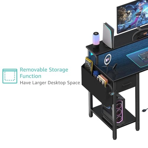 Lufeiya L Shaped Gaming Desk with Storage Shelves, 47 inch Home Office Desk with Monitor Stand, Computer Desk with LED Lights,Power Outlets and Fabric Drawers, Black - color: Black