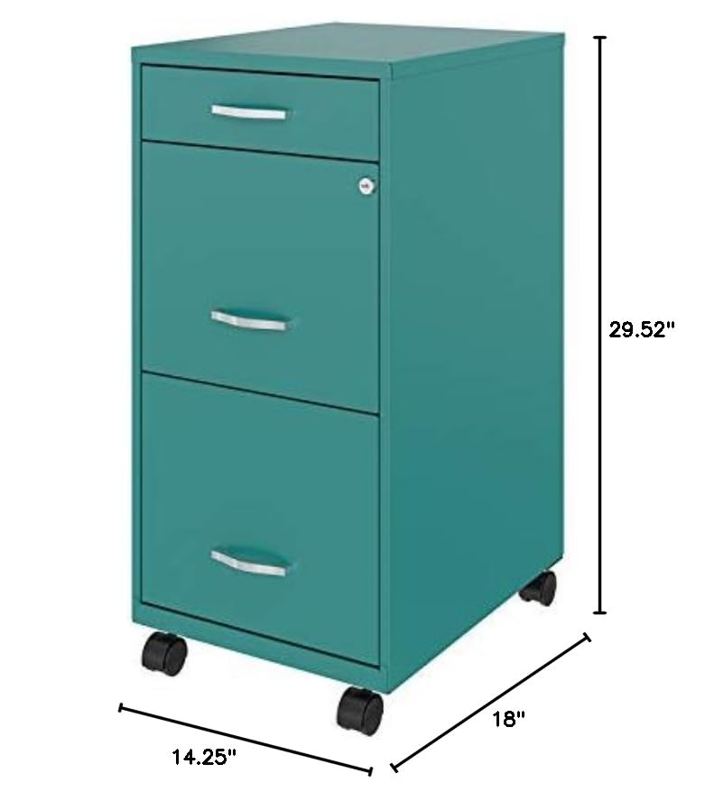 UrbanPro 3 Drawers 29.52" Vertical Turquoise Metal Filing Cabinet Lockable Pre-Assembled Movable Letter Size for Home, Office - color: Teal/Turquoise