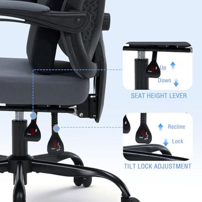 Ergonomic Office Desk Chair with Footrest - Adjustable Lumbar Support & 3D Headrest, 90-160° Reclining Mesh High-Back Rolling Work Swivel Computer Chair - Home Office/Gaming, 400lbs Capacity