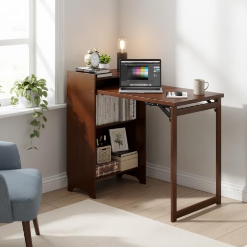 tonchean Bamboo Folding Desk with Storage Bookshelf for Small Spaces, Brown