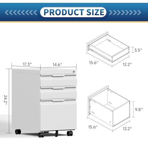 Locking File Cabinet 3 Drawers on Wheels Under Desk, Metal Filing Cabinets for Home Office, A4, Letter-Size Files, Hanging File Folders-White - color: White, size: 3 Drawer-on wheels