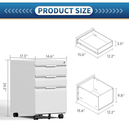 Locking File Cabinet 3 Drawers on Wheels Under Desk, Metal Filing Cabinets for Home Office, A4, Letter-Size Files, Hanging File Folders-White - color: White, size: 3 Drawer-on wheels