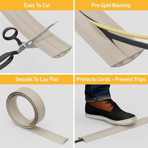 D-Line 30ft Floor Cord Cover, Floor Cable Protector, Extension Cord Cover, Protect Wires & Prevent Cable Trips, Cable Management Solution - Cord Cavity = 0.63" (W) x 0.31" (H) - Beige - color: Beige, size: 30 Feet
