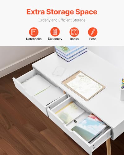 VEVOR Small Desk with Drawers, Kids Desk for Bedroom, Wooden Simple Study Table for Drawing, Reading, Writing, Rectangle MDF Furniture Study Storage Table for Home, Office, White + Wood - size: 38.98"D x 20.08"W x 30.12"H