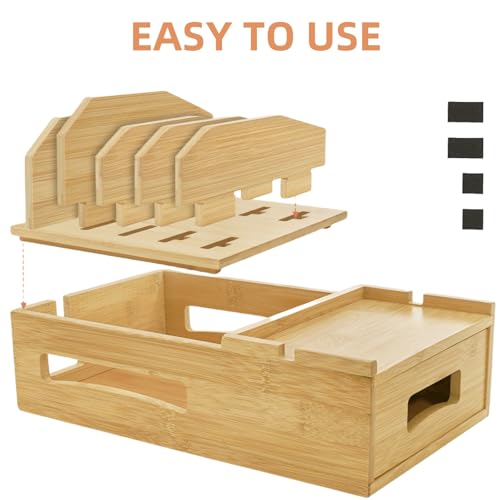 ZOOFOX Bamboo Charging Station for Multiple Devices, Desk Docking Station with Removable Divider Slots and Drawer, Bedside Charging Station Compatible with Smartphone, Tablet, Laptop, Earphone