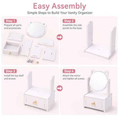 Desktop Makeup Mirror Organizer with Drawers, Compact Vanity Storage Box, Round Mirror, Cosmetic, Skincare and Jewelry