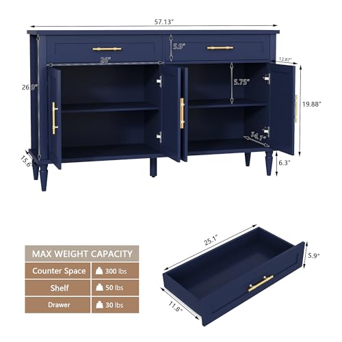 58 Inch Sideboard Buffet Cabinet with Storage, Fluted Buffet Storage Cabinet with 2 Drawers and 4 Doors, Modern Coffee Bar with Adjustable Shelves for Living Room, Kitchen (Blue) - color: Blue