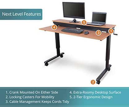 Stand Up Desk Store Crank Adjustable Two Tier Standing Desk with Heavy Duty Steel Frame (Black Frame/Teak Top, 48" Wide) - color: Black Frame/Teak Top, size: 48 Inches