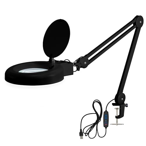Neatfi LED Magnifying Lamp with Clamp | 12W | 60 SMD LEDs |1,200 Lumens | Adjustable Step Dimming | 2.25x Magnification Desk Lamp Magnifier for Crafts, Painting, and Hobbies (Black-2, 5-Diopter) - color: Black-2, size: 5-Diopter