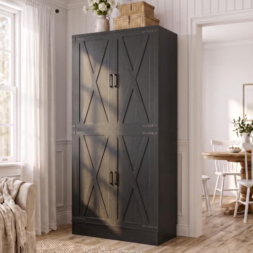 Unikito 71" Tall Kitchen Pantry Storage Cabinet with Built-in Drawer | 31.5" Wide Wood Farmhouse Storage Cabinet with Barn Doors and 3 Shelves, for Home Kitchen,Dining/Living/Laundry/Room - color: Black, size: 31.5" W (1 Pack)