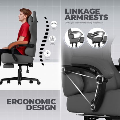 GTPLAYER Big and Tall Gaming Chair 400lbs Heavy Duty Office Chair with Footrest, High Back Pocket Spring Ergonomic Computer Chair for Adults, Wide Seated Cushion with Linkage Armrests, Leather Grey - color: Dark Grey