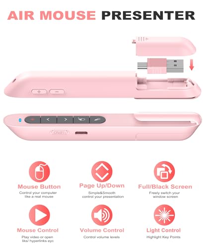 DINOSTRIKE Pink Wireless Presentation Remote with Air Mouse, Rechargeable USB C Slide Clicker Compatible with PowerPoint for Mac and Windows Laptops (2.4GHz) - color: Pink