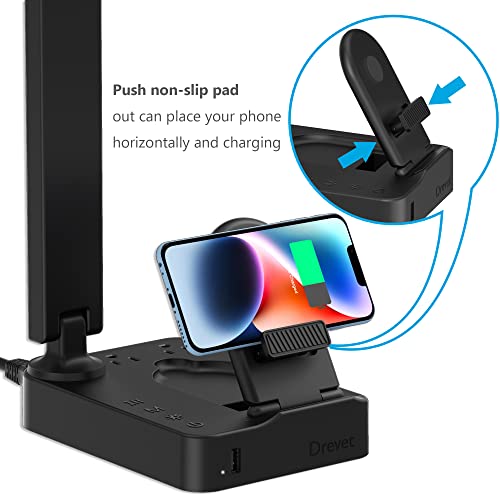 Drevet LED Desk Lamp with Wireless Charger, Desk Table Light with USB Charging Port and 2 Outlets, 3 Lighting Modes, 3 Level Brightness, 1H Timer, Touch Control, Eye-Caring Home Office Foldable Lamp - color: Black2.0 with wireless charging