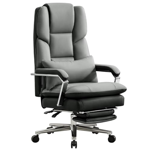 Furniliving Big and Tall Office Chair with Footrest, PU Leather High Back Executive Office Chair with Adjustable Lumbar Support, Wide Seat Reclining Desk Chair with Armrest, Height Adjustment, Grey