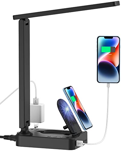 Drevet LED Desk Lamp with Wireless Charger, Desk Table Light with USB Charging Port and 2 Outlets, 3 Lighting Modes, 3 Level Brightness, 1H Timer, Touch Control, Eye-Caring Home Office Foldable Lamp - color: Black2.0 with wireless charging