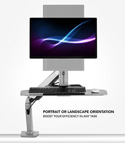 Mount-It! Sit-Stand Monitor Arm Desk Mount Workstation with Keyboard Tray, Single Monitor Mount Fits Up to 32”, Gas Spring Height Adjustable, VESA 75x75 100x100, Clamp or Grommet, Silver