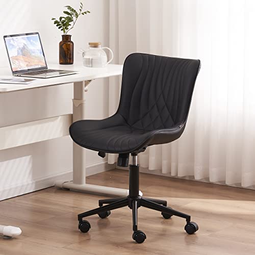 YOUTASTE Black Modern Office Chair, Armless Swivel PU Leather Desk Chair with Wheels, Height Adjustable Rolling Computer Chair with Metal Legs for Bedroom, Home Office, Study, or Vanity - color: Black