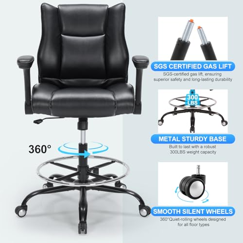 Office Drafting Chair, Tall Desk Chair with Adjustable Armrests and Footrest Ring PU Leather Standing Desk Chair with Extra Thicken Seat Cushion, Comfy High Office Chair for Counter Height Desk, Black