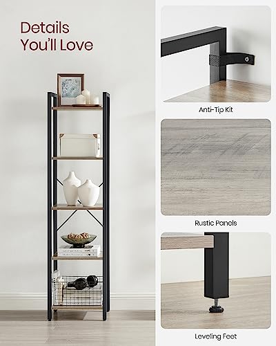 VASAGLE 5-Tier Bookshelf, Bookcase Book Shelf with Steel Frame - color: Heather Greige + Ink Black, size: 5 Tiers (11.8"D x 15.7"W x 60.2"H)