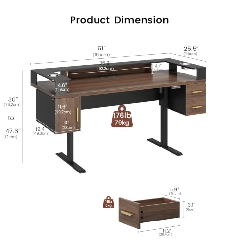 61'' x 25.5'' Electric Standing Desk with 2 Drawers, Dual Cup Holders