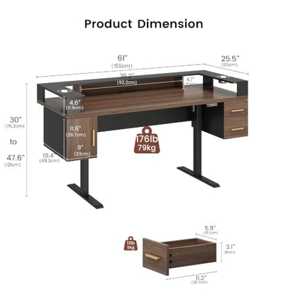 61'' x 25.5'' Electric Standing Desk with 2 Drawers, Dual Cup Holders